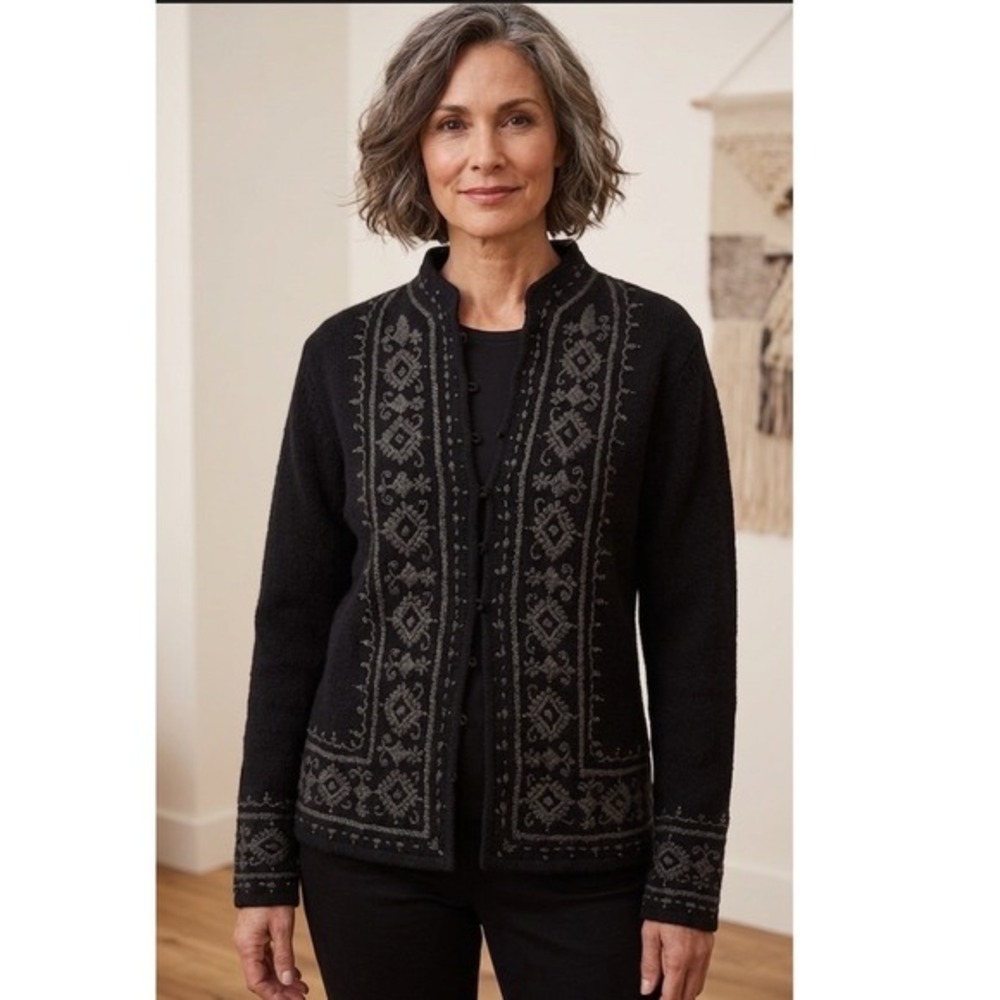 Marconi Cardigan Sweater Women‎ L Black Lambswool Embroidered Mock Neck Iceland